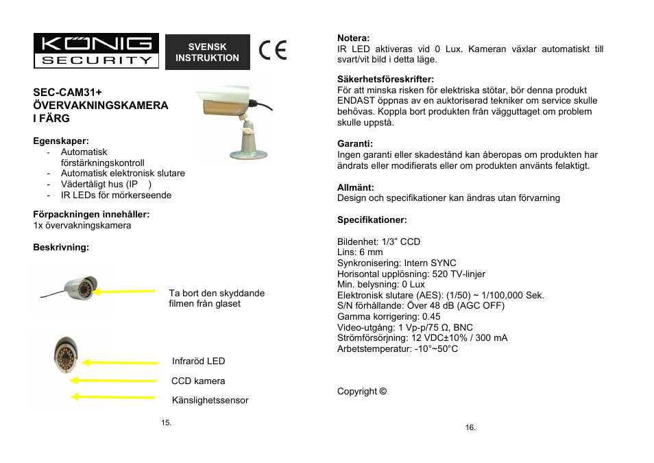 Svensk, Instruktion | Konig Electronic Weatherproof camera with IR LED User Manual | Page 8 / 10