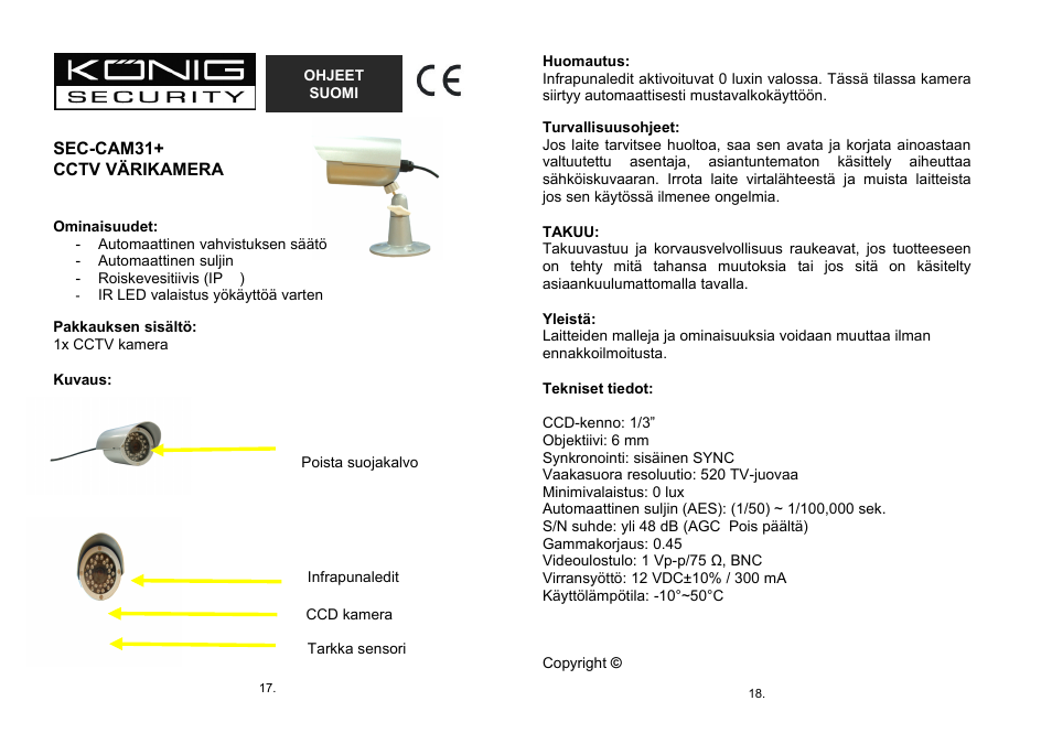 Ohjeet, Suomi | Konig Electronic Weatherproof camera with IR LED User Manual | Page 9 / 10