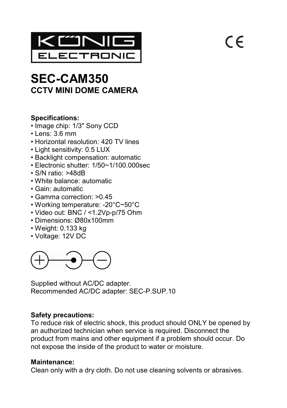 Konig Electronic Mini dome camera User Manual | 3 pages