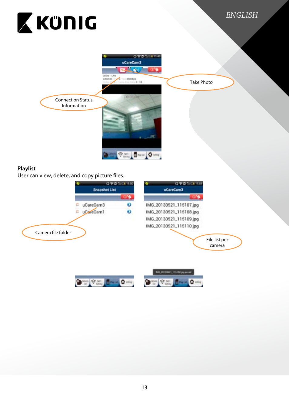 English | Konig Electronic Indoor pan-tilt IP camera remote video surveillance User Manual | Page 13 / 23