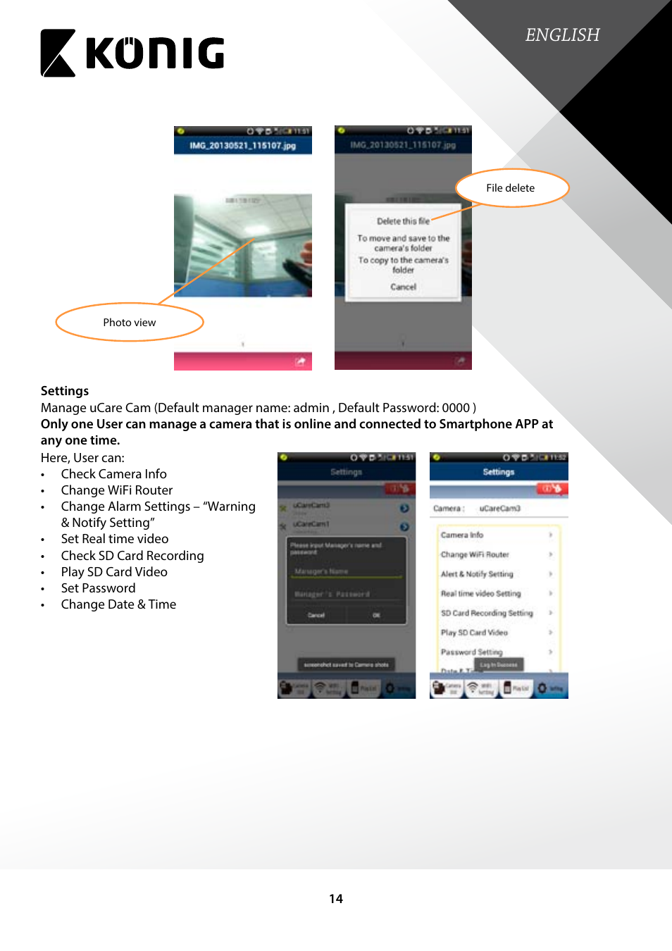 English | Konig Electronic Indoor pan-tilt IP camera remote video surveillance User Manual | Page 14 / 23