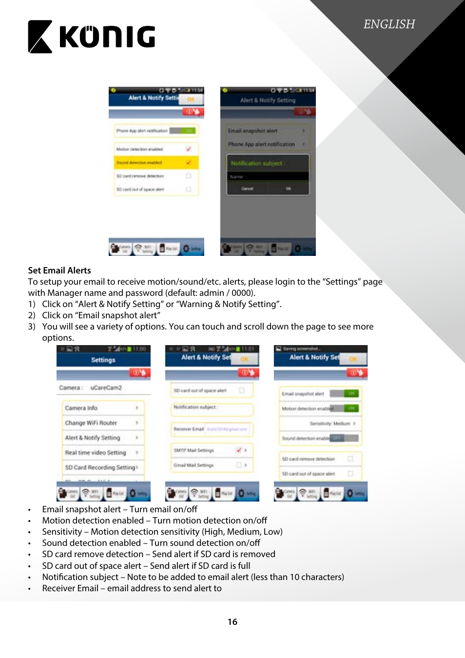 English | Konig Electronic Indoor pan-tilt IP camera remote video surveillance User Manual | Page 16 / 23