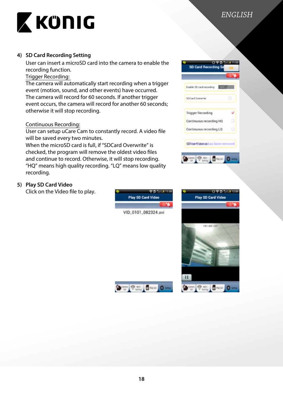 English | Konig Electronic Indoor pan-tilt IP camera remote video surveillance User Manual | Page 18 / 23