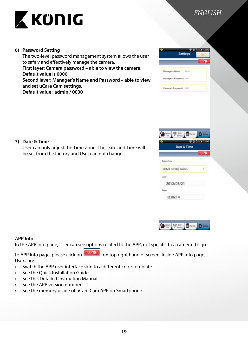 English | Konig Electronic Indoor pan-tilt IP camera remote video surveillance User Manual | Page 19 / 23