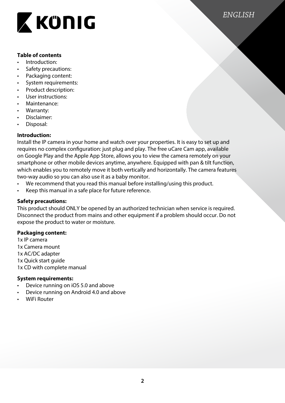 Introduction, Safety precautions, Packaging content | System requirements, English | Konig Electronic Indoor pan-tilt IP camera remote video surveillance User Manual | Page 2 / 23