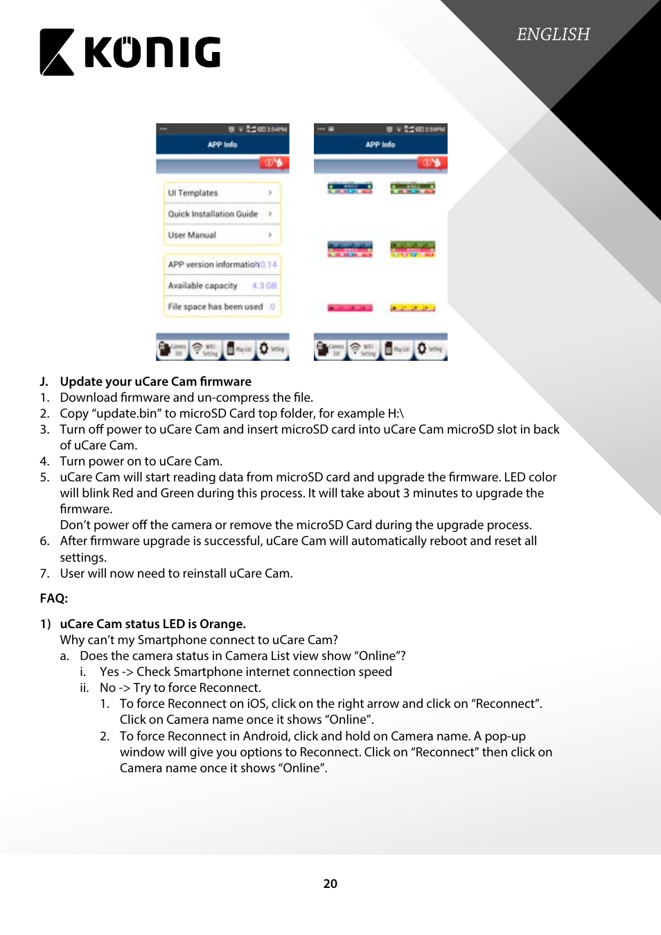 English | Konig Electronic Indoor pan-tilt IP camera remote video surveillance User Manual | Page 20 / 23