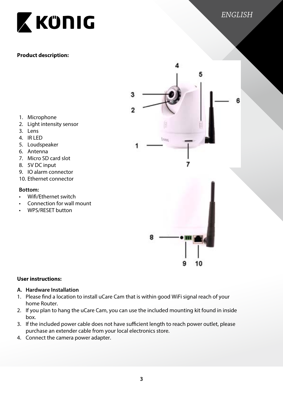 Product description, User instructions, English | Konig Electronic Indoor pan-tilt IP camera remote video surveillance User Manual | Page 3 / 23
