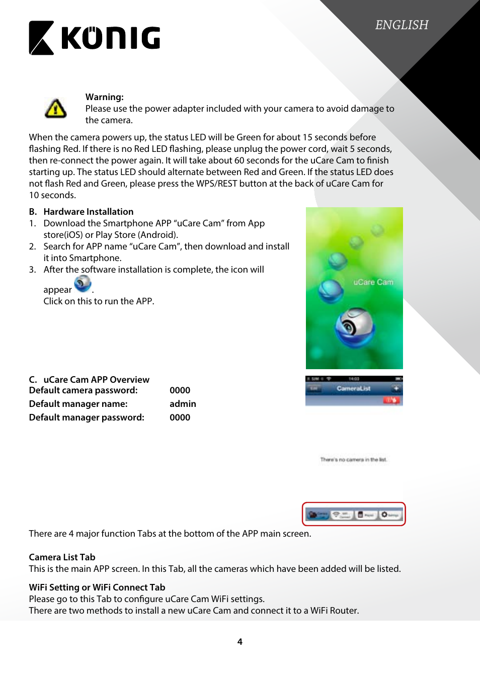 English | Konig Electronic Indoor pan-tilt IP camera remote video surveillance User Manual | Page 4 / 23