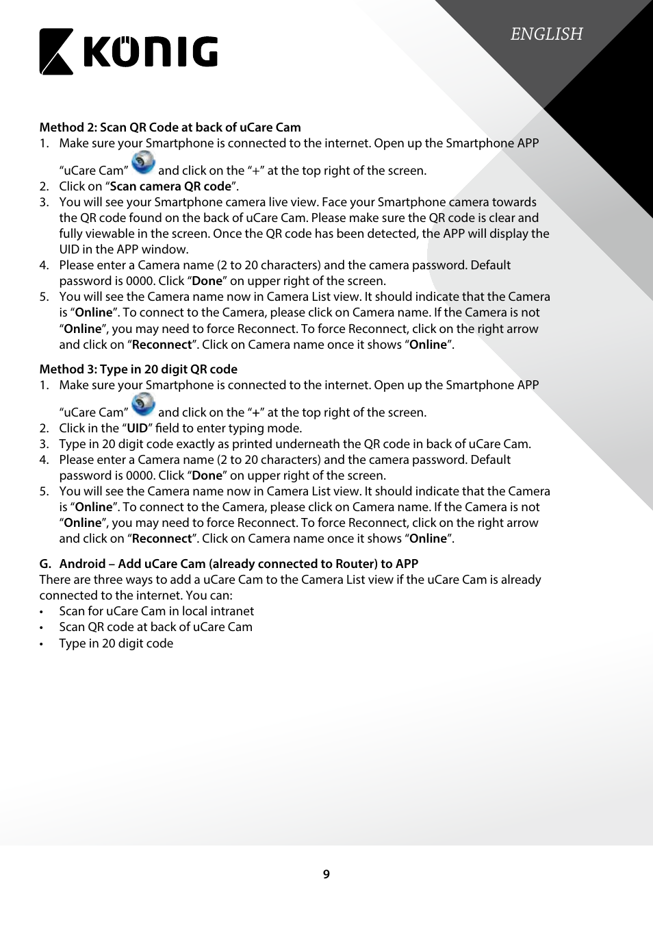 English | Konig Electronic Indoor pan-tilt IP camera remote video surveillance User Manual | Page 9 / 23