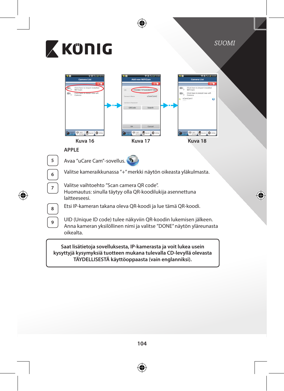 Suomi | Konig Electronic Indoor pan-tilt IP camera remote video surveillance User Manual | Page 104 / 289