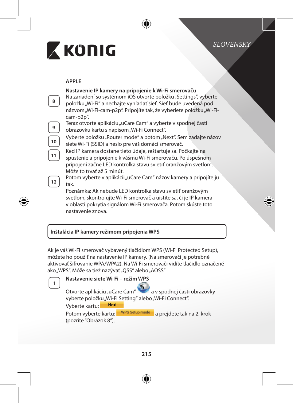 Slovensky | Konig Electronic Indoor pan-tilt IP camera remote video surveillance User Manual | Page 215 / 289