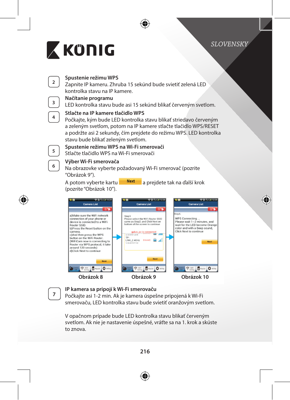 Slovensky | Konig Electronic Indoor pan-tilt IP camera remote video surveillance User Manual | Page 216 / 289