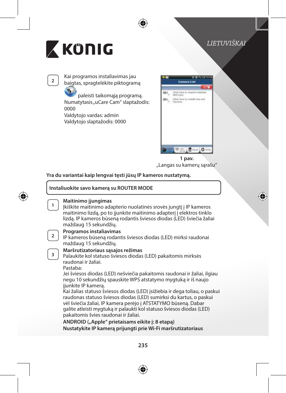 Lietuviškai | Konig Electronic Indoor pan-tilt IP camera remote video surveillance User Manual | Page 235 / 289