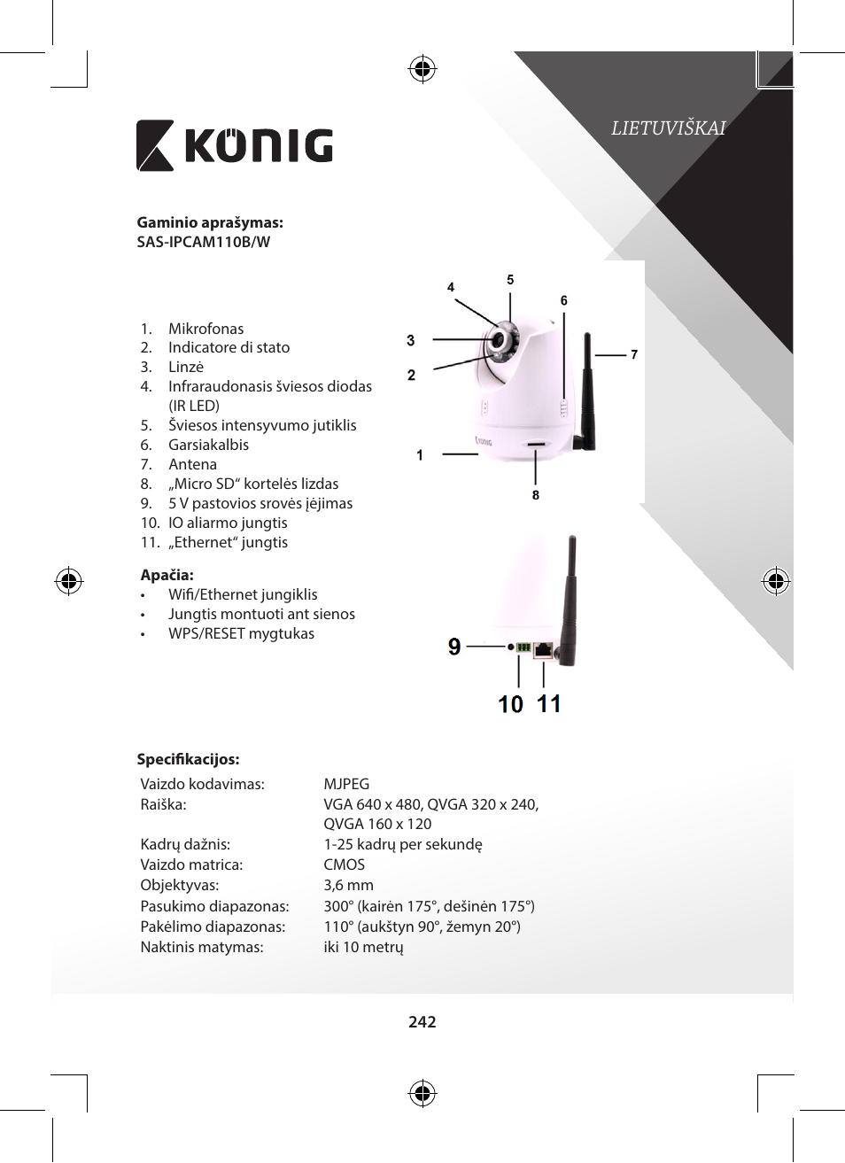 Lietuviškai | Konig Electronic Indoor pan-tilt IP camera remote video surveillance User Manual | Page 242 / 289