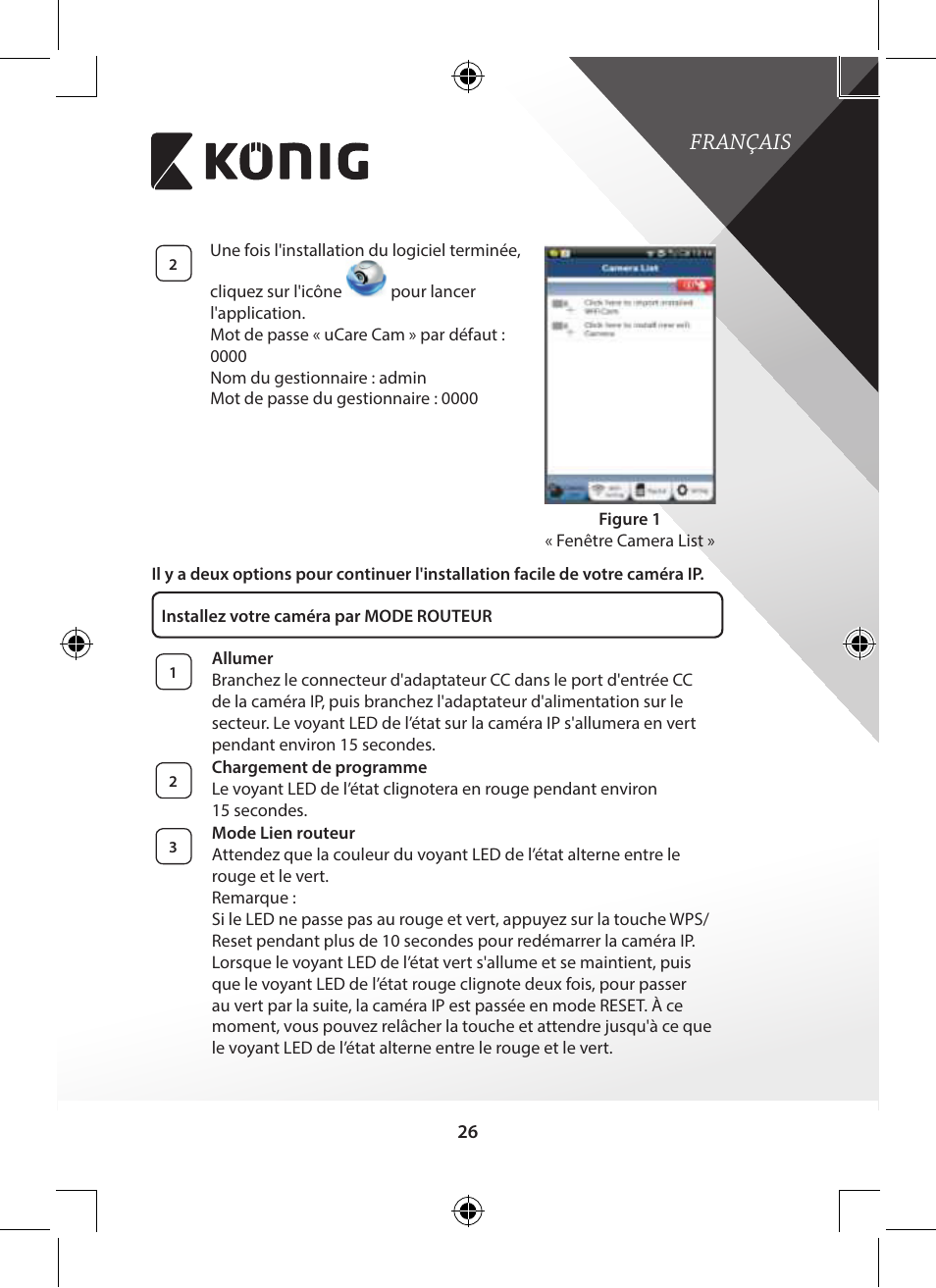 Français | Konig Electronic Indoor pan-tilt IP camera remote video surveillance User Manual | Page 26 / 289