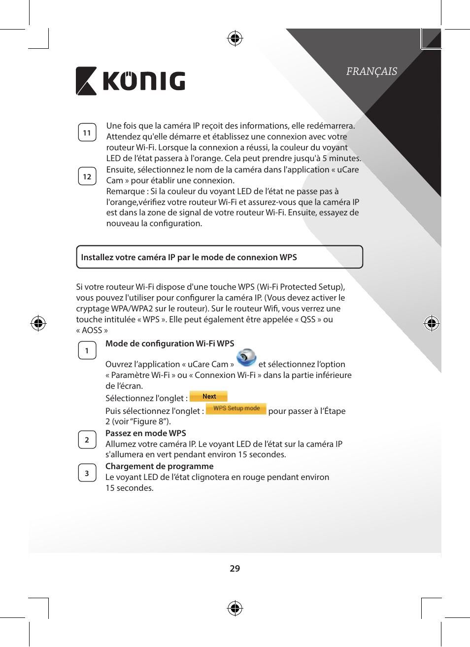 Français | Konig Electronic Indoor pan-tilt IP camera remote video surveillance User Manual | Page 29 / 289