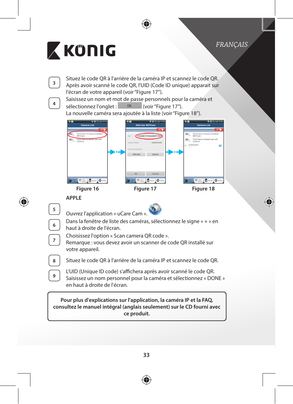 Français | Konig Electronic Indoor pan-tilt IP camera remote video surveillance User Manual | Page 33 / 289