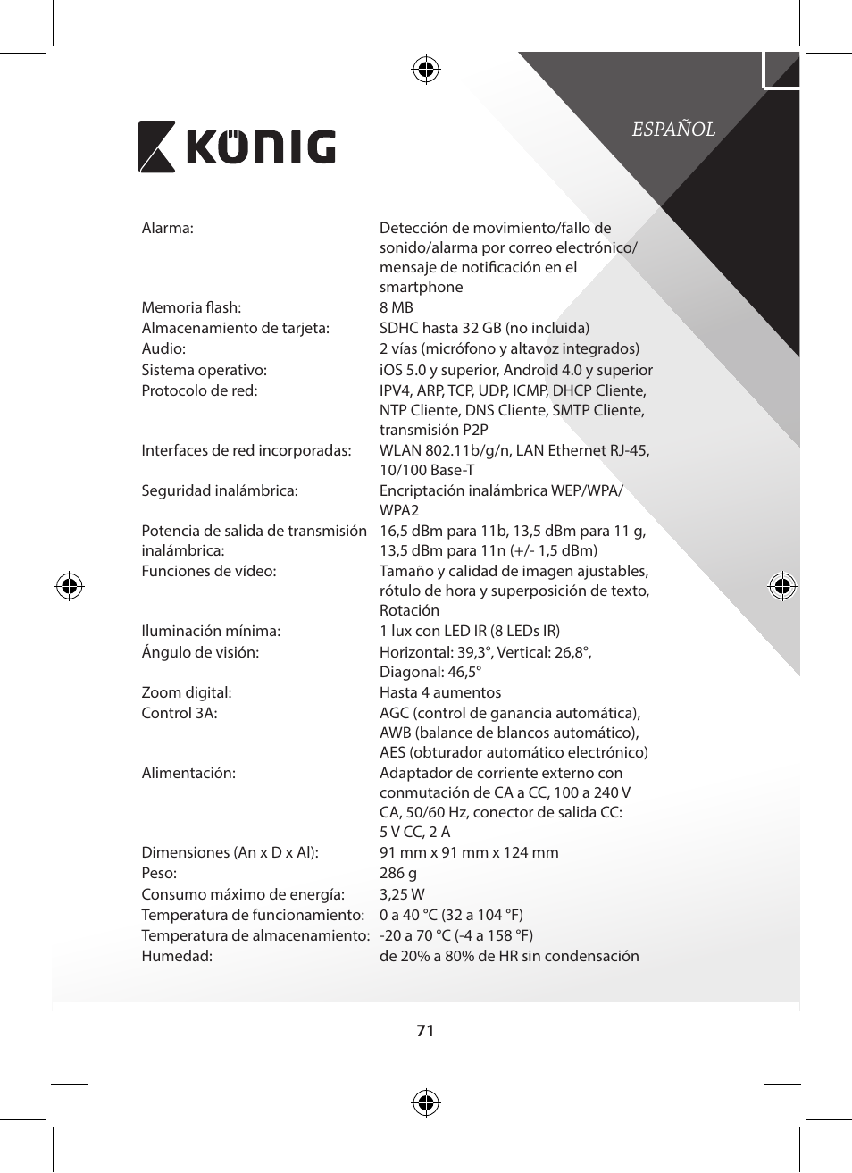 Español | Konig Electronic Indoor pan-tilt IP camera remote video surveillance User Manual | Page 71 / 289