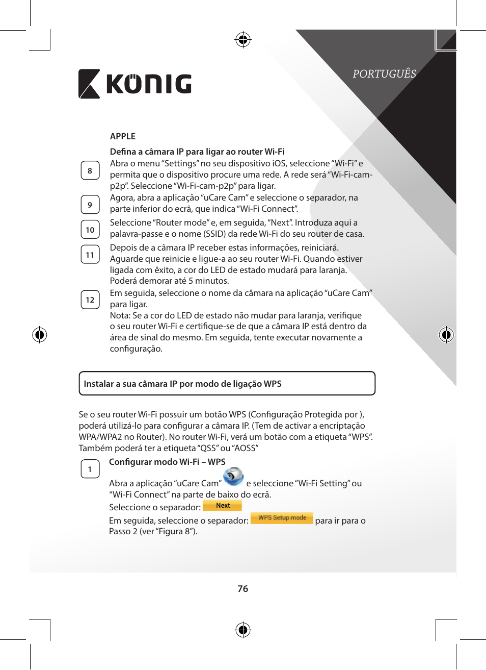 Português | Konig Electronic Indoor pan-tilt IP camera remote video surveillance User Manual | Page 76 / 289