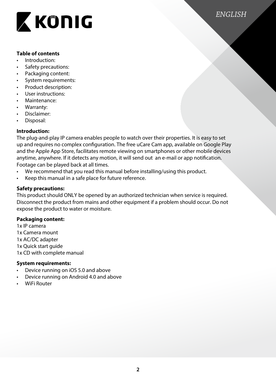 Introduction, Safety precautions, Packaging content | System requirements, English | Konig Electronic Outdoor IP camera remote video surveillance User Manual | Page 2 / 23
