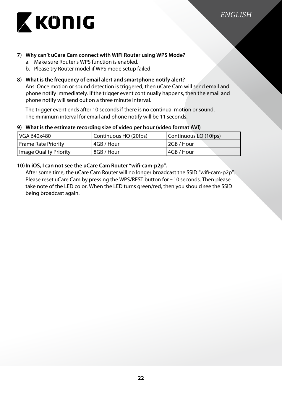 English | Konig Electronic Outdoor IP camera remote video surveillance User Manual | Page 22 / 23