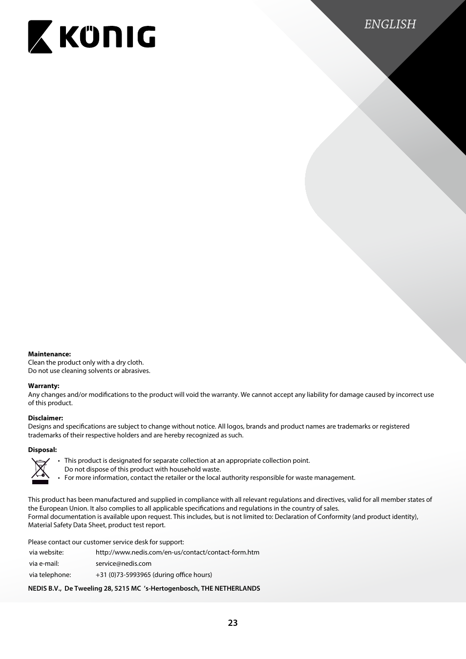 Maintenance, Warranty, Disclaimer | Disposal, English | Konig Electronic Outdoor IP camera remote video surveillance User Manual | Page 23 / 23