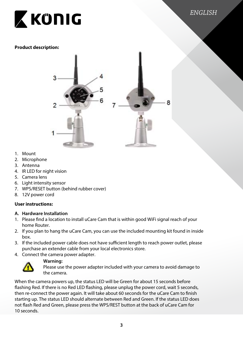 Product description, User instructions, English | Konig Electronic Outdoor IP camera remote video surveillance User Manual | Page 3 / 23