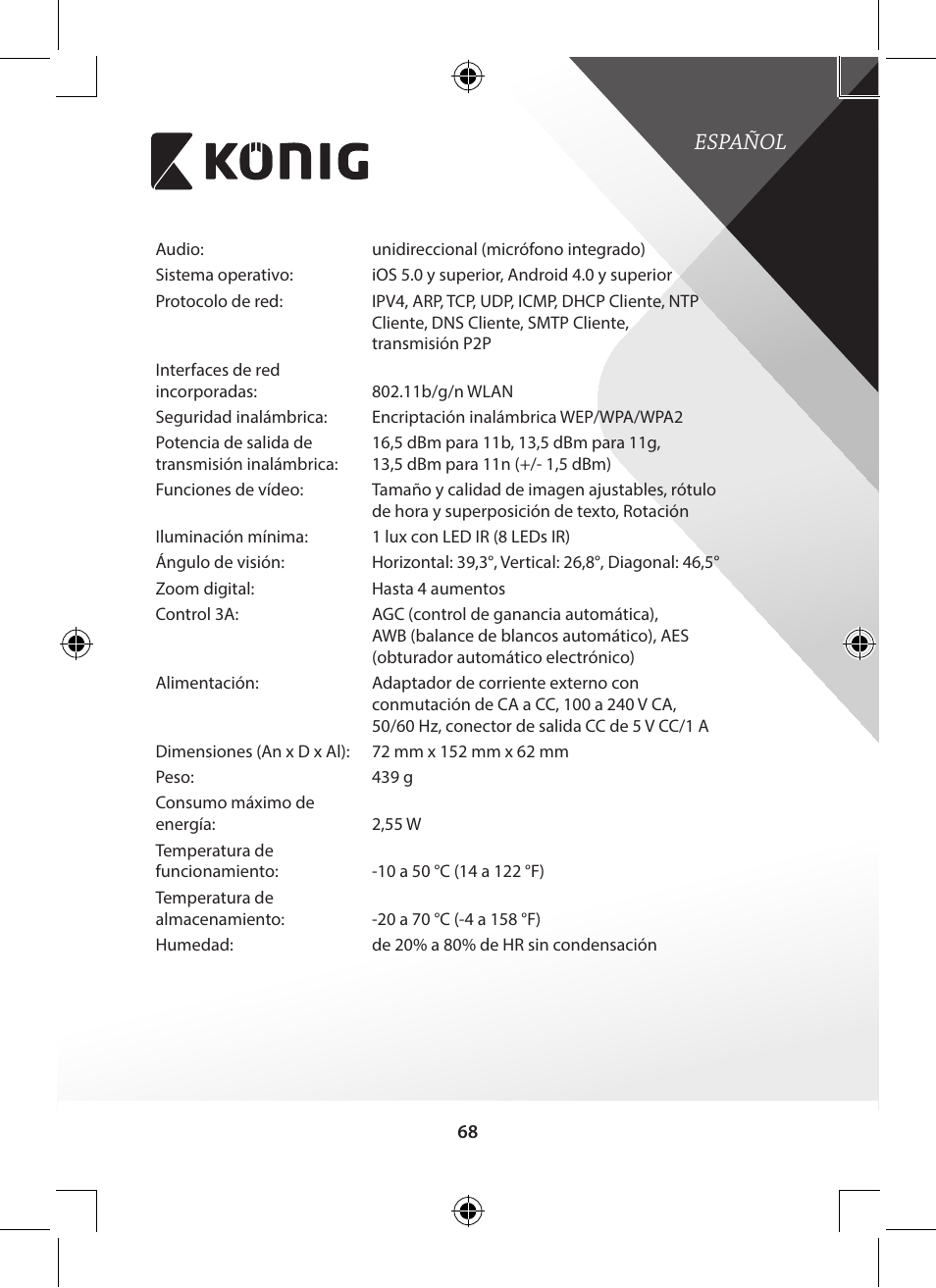 Español | Konig Electronic Outdoor IP camera remote video surveillance User Manual | Page 68 / 281