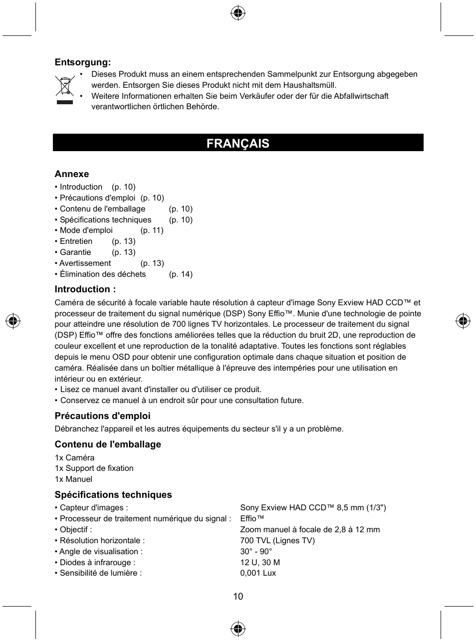 Français | Konig Electronic High resolution varifocal security camera with 35 IR LEDs User Manual | Page 10 / 64