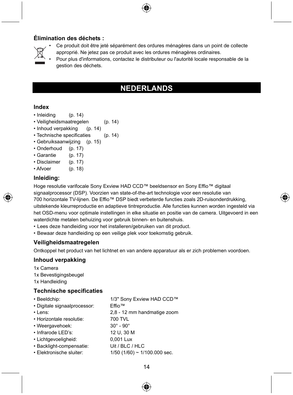 Nederlands | Konig Electronic High resolution varifocal security camera with 35 IR LEDs User Manual | Page 14 / 64