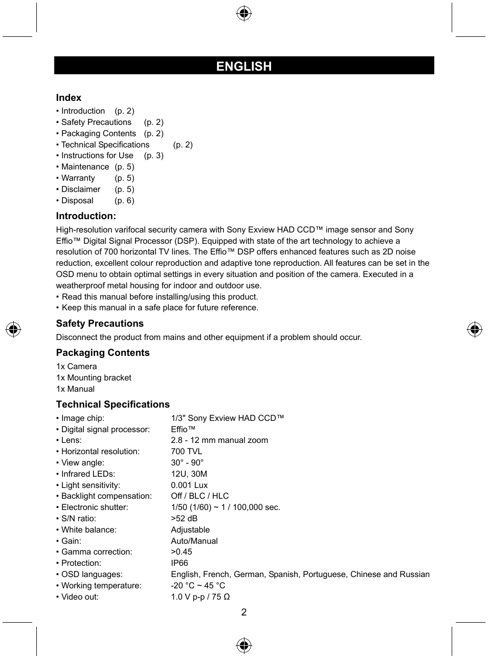 English | Konig Electronic High resolution varifocal security camera with 35 IR LEDs User Manual | Page 2 / 64