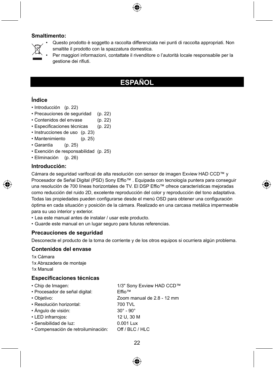 Español | Konig Electronic High resolution varifocal security camera with 35 IR LEDs User Manual | Page 22 / 64