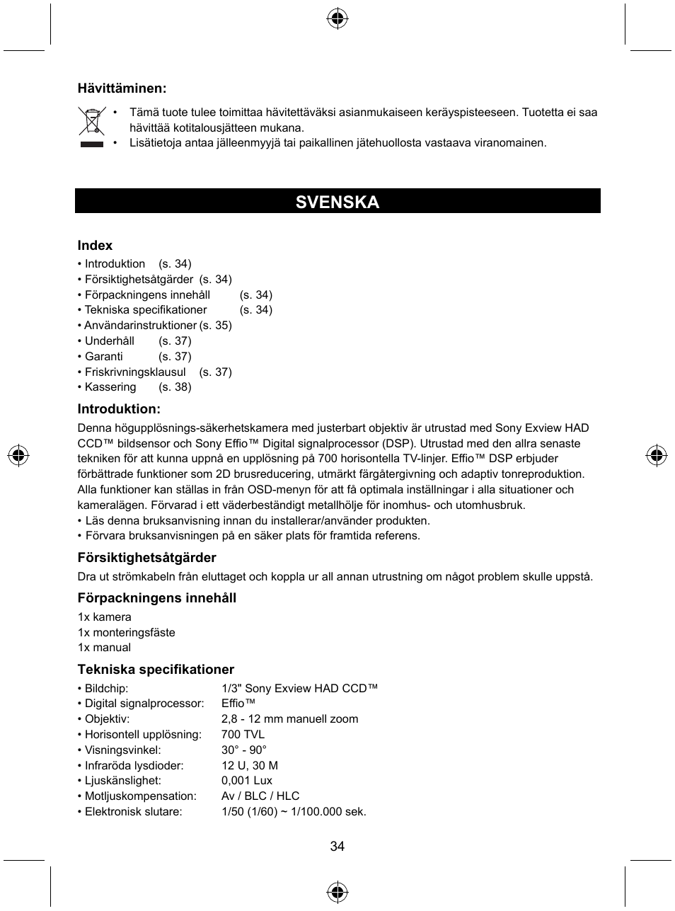 Svenska | Konig Electronic High resolution varifocal security camera with 35 IR LEDs User Manual | Page 34 / 64