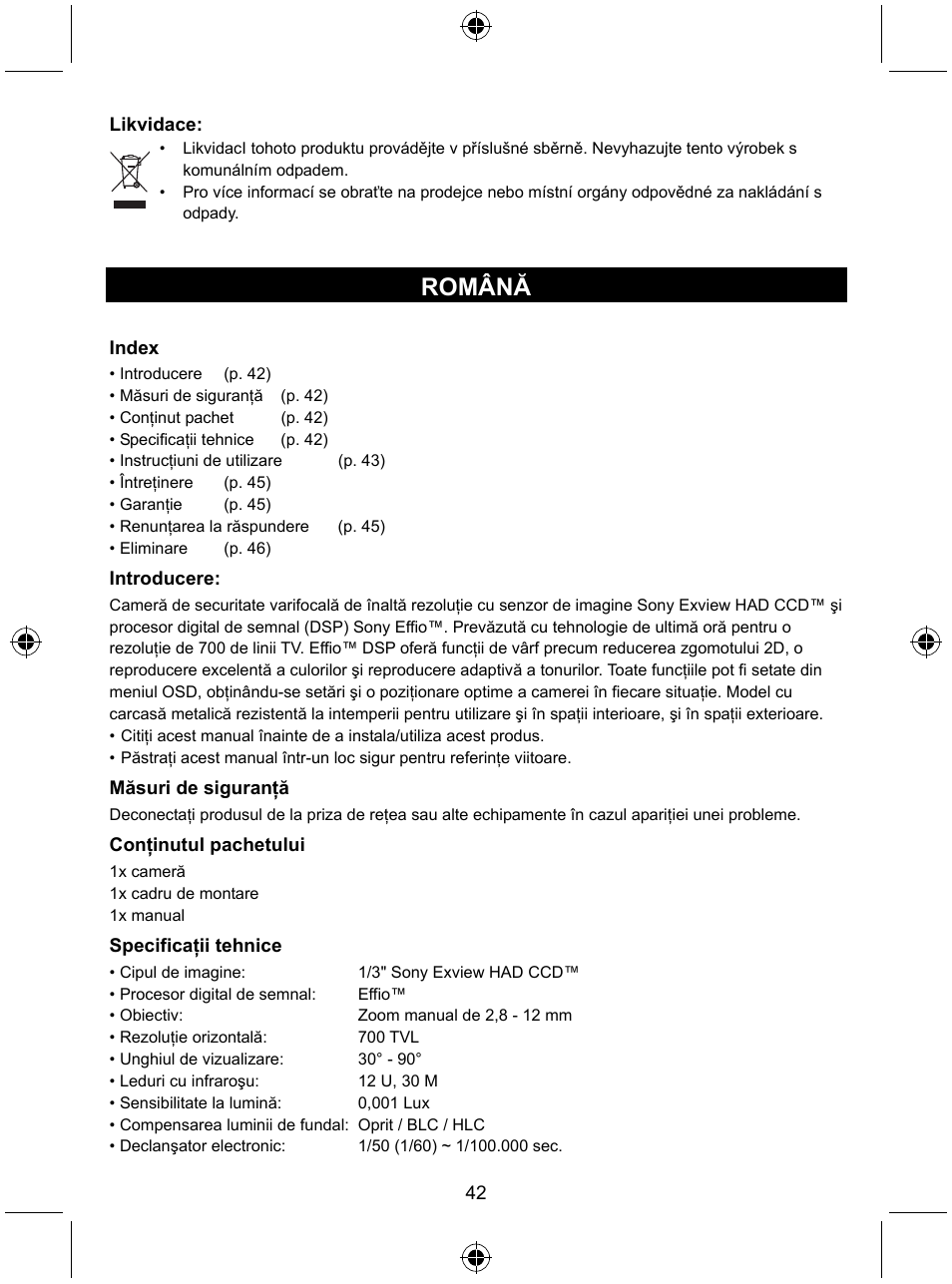 Română | Konig Electronic High resolution varifocal security camera with 35 IR LEDs User Manual | Page 42 / 64