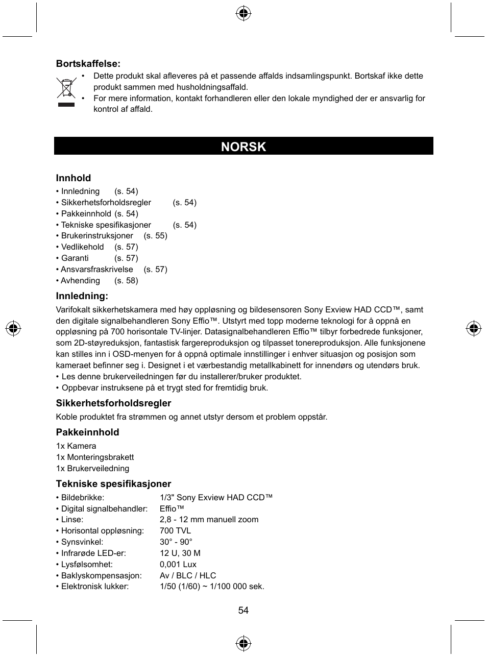 Norsk | Konig Electronic High resolution varifocal security camera with 35 IR LEDs User Manual | Page 54 / 64