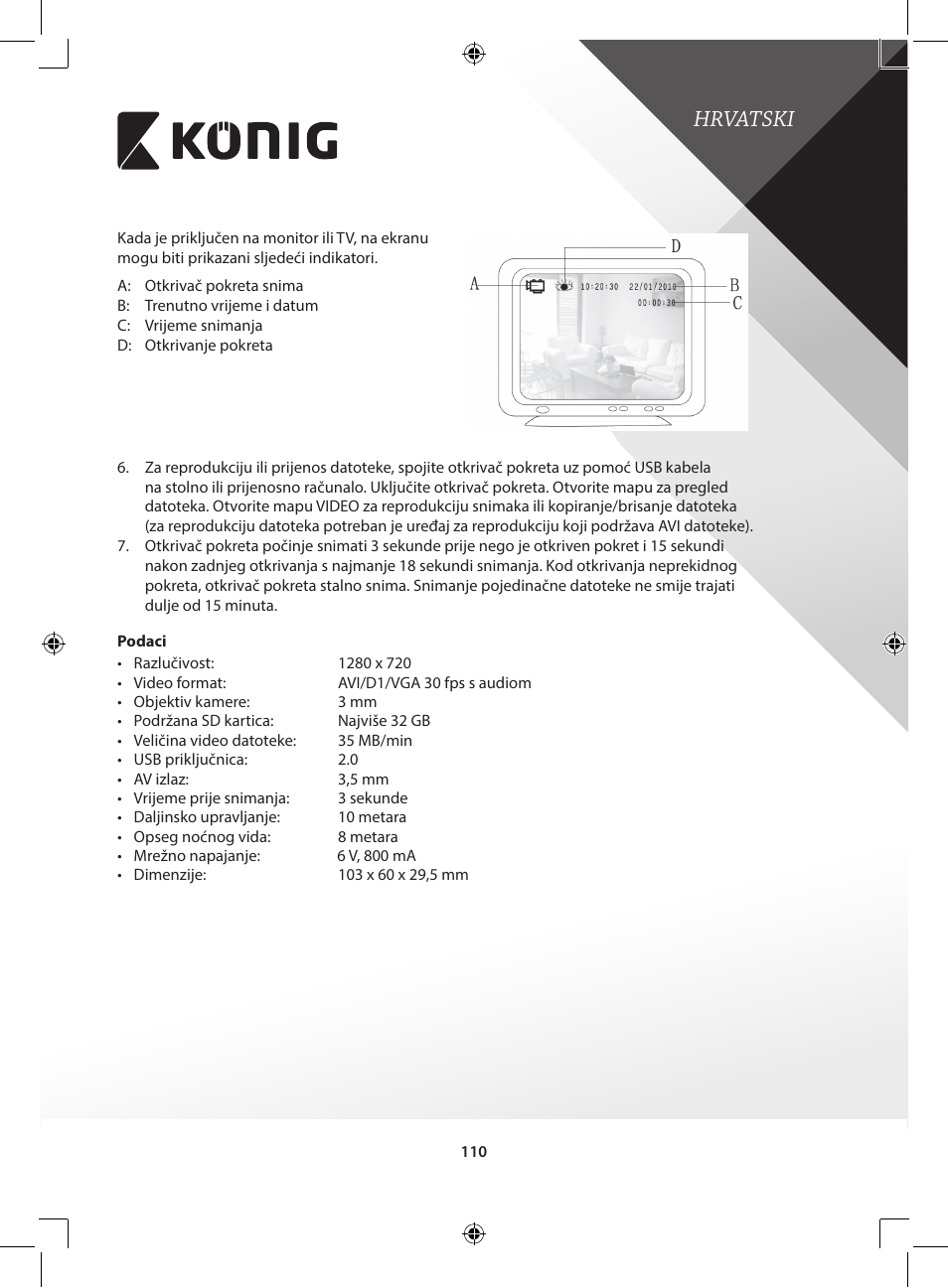 Hrvatski | Konig Electronic Camera and recorder in housing User Manual | Page 110 / 126
