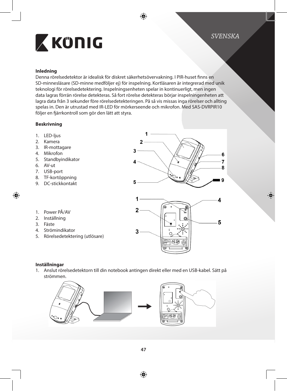 Svenska | Konig Electronic Camera and recorder in housing User Manual | Page 47 / 126