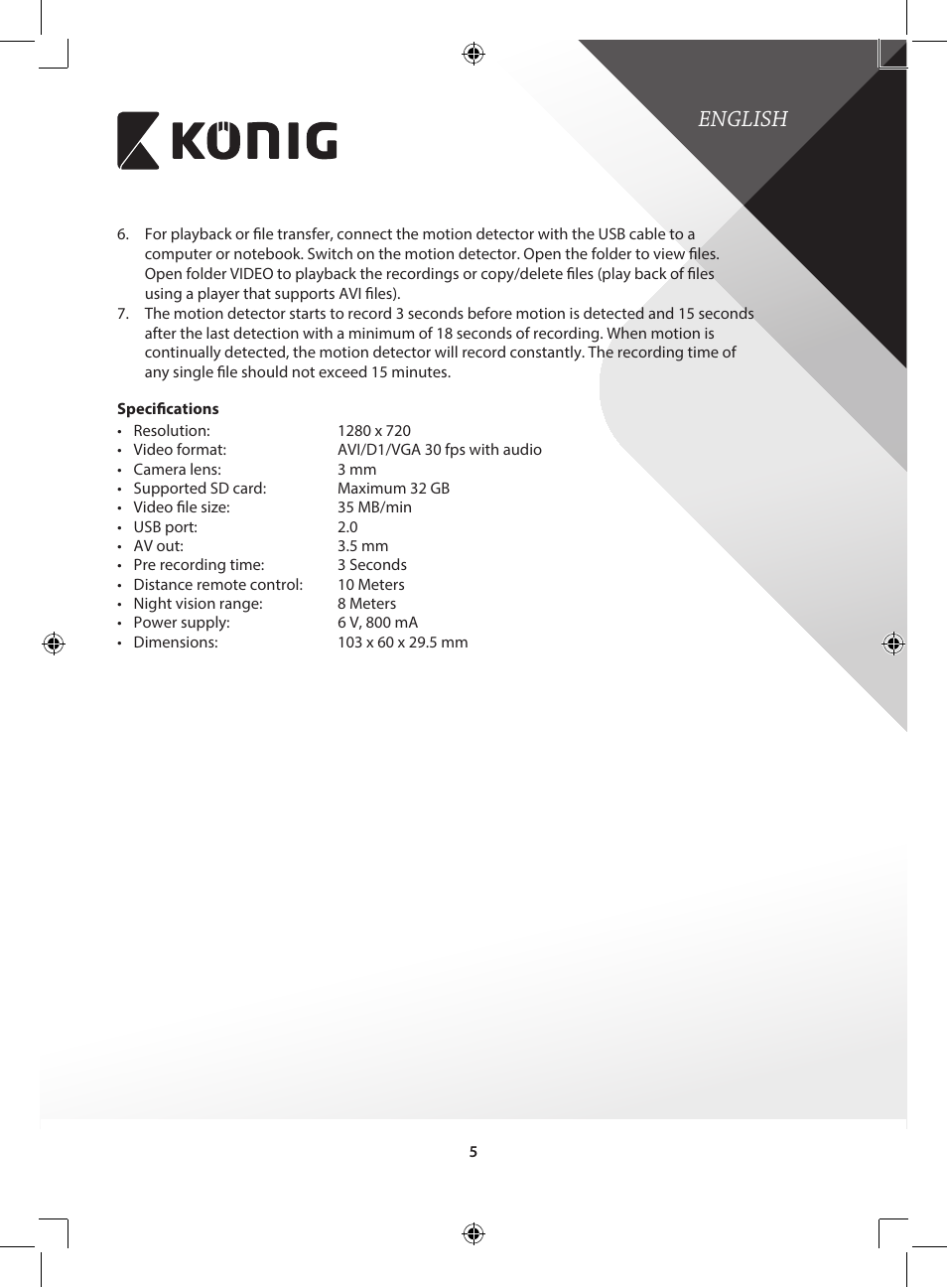 English | Konig Electronic Camera and recorder in housing User Manual | Page 5 / 126