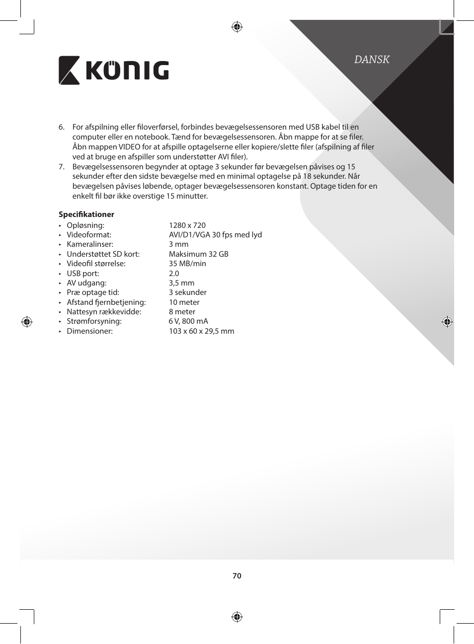 Dansk | Konig Electronic Camera and recorder in housing User Manual | Page 70 / 126