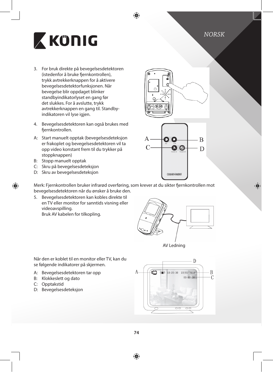 Norsk | Konig Electronic Camera and recorder in housing User Manual | Page 74 / 126