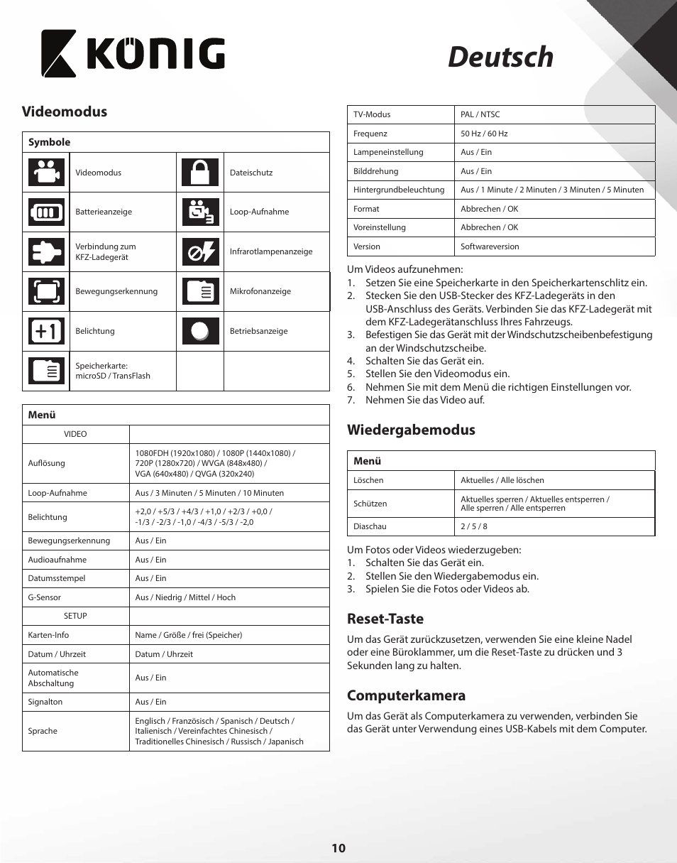 Deutsch, Videomodus, Wiedergabemodus | Reset-taste, Computerkamera | Konig Electronic Full HD car camera User Manual | Page 10 / 80