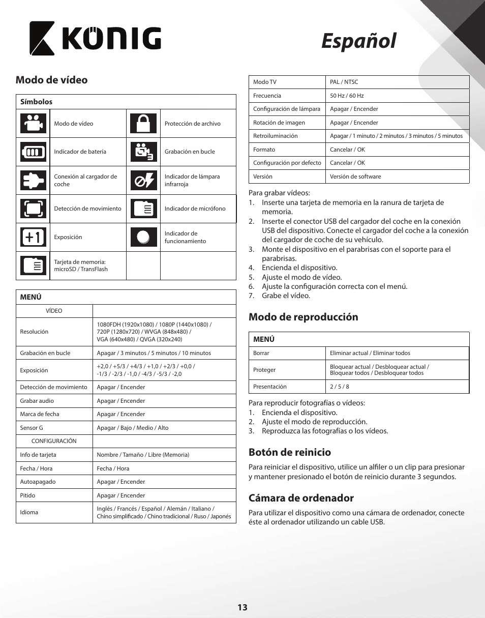 Español, Modo de vídeo, Modo de reproducción | Botón de reinicio, Cámara de ordenador | Konig Electronic Full HD car camera User Manual | Page 13 / 80