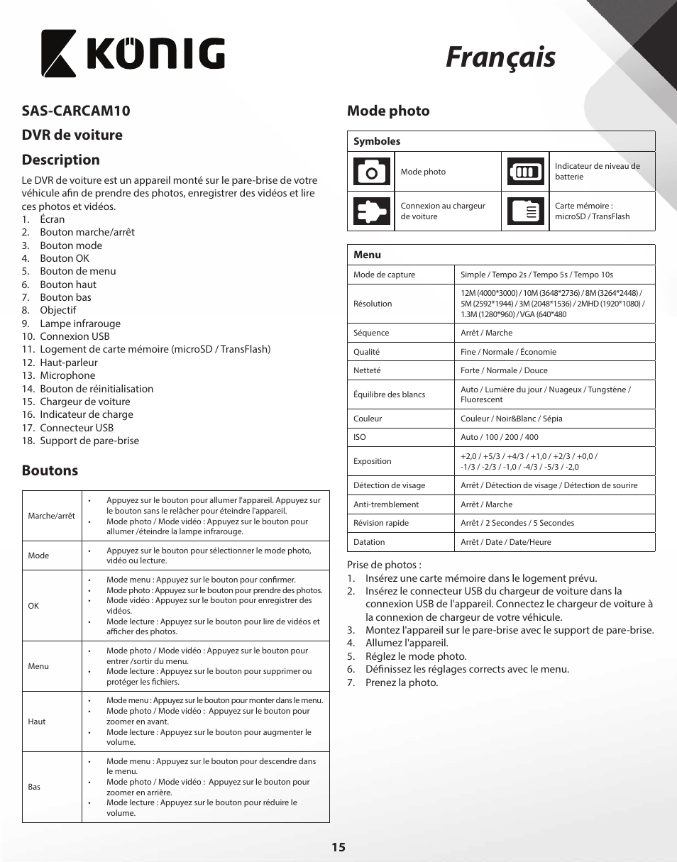 Français, Sas-carcam10 dvr de voiture description, Boutons | Mode photo | Konig Electronic Full HD car camera User Manual | Page 15 / 80