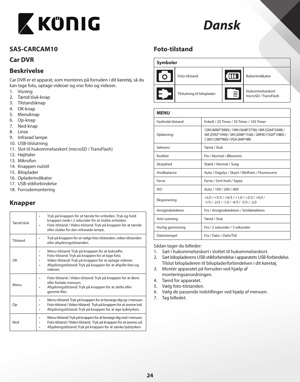 Dansk, Sas-carcam10 car dvr beskrivelse, Knapper | Foto-tilstand | Konig Electronic Full HD car camera User Manual | Page 24 / 80