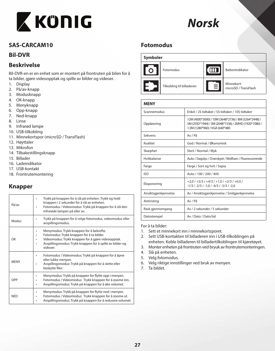 Norsk, Sas-carcam10 bil-dvr beskrivelse, Knapper | Fotomodus | Konig Electronic Full HD car camera User Manual | Page 27 / 80