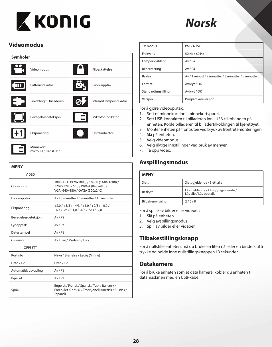 Norsk, Videomodus, Avspillingsmodus | Tilbakestillingsknapp, Datakamera | Konig Electronic Full HD car camera User Manual | Page 28 / 80