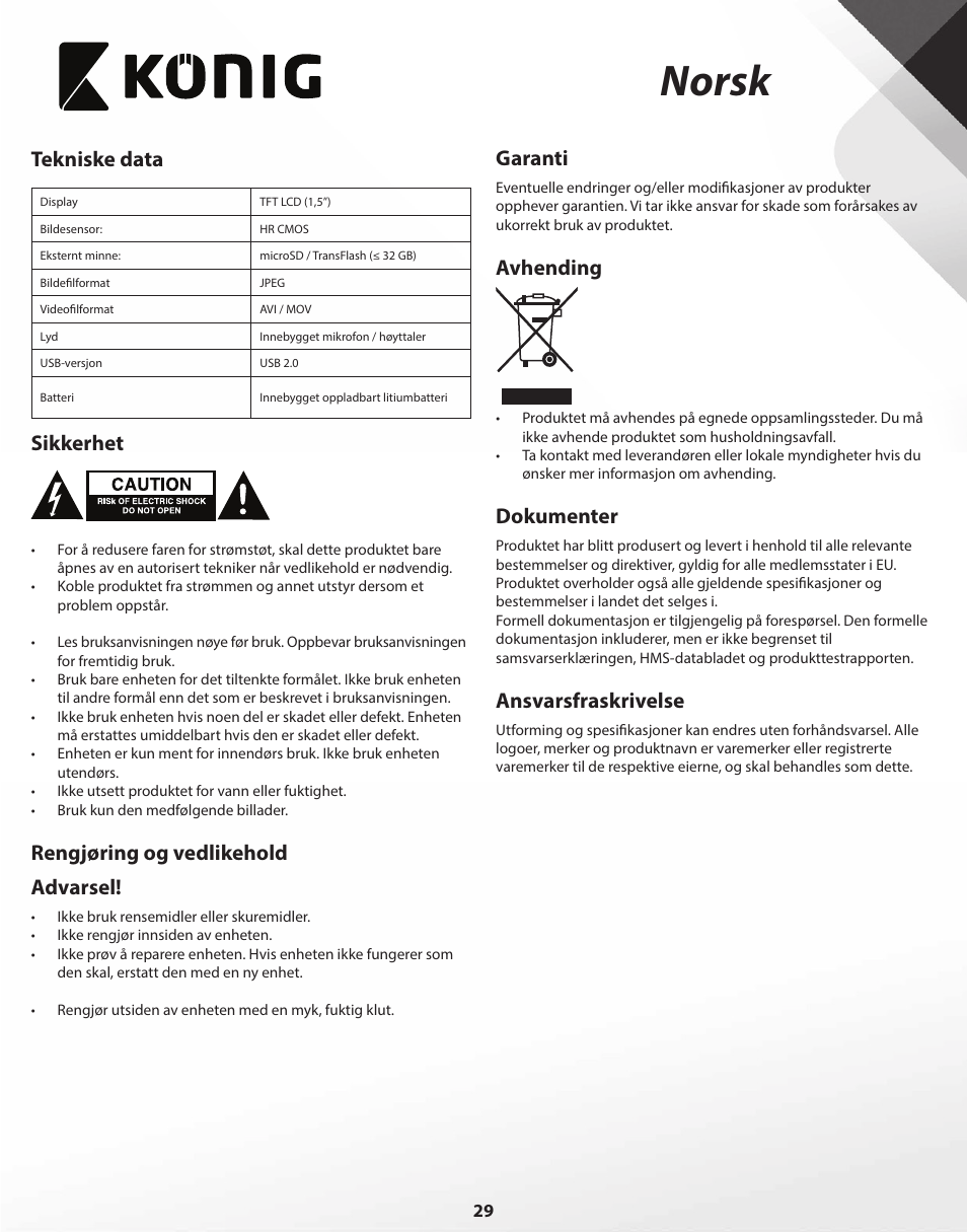 Norsk, Tekniske data, Sikkerhet | Rengjøring og vedlikehold advarsel, Garanti, Avhending, Dokumenter, Ansvarsfraskrivelse | Konig Electronic Full HD car camera User Manual | Page 29 / 80