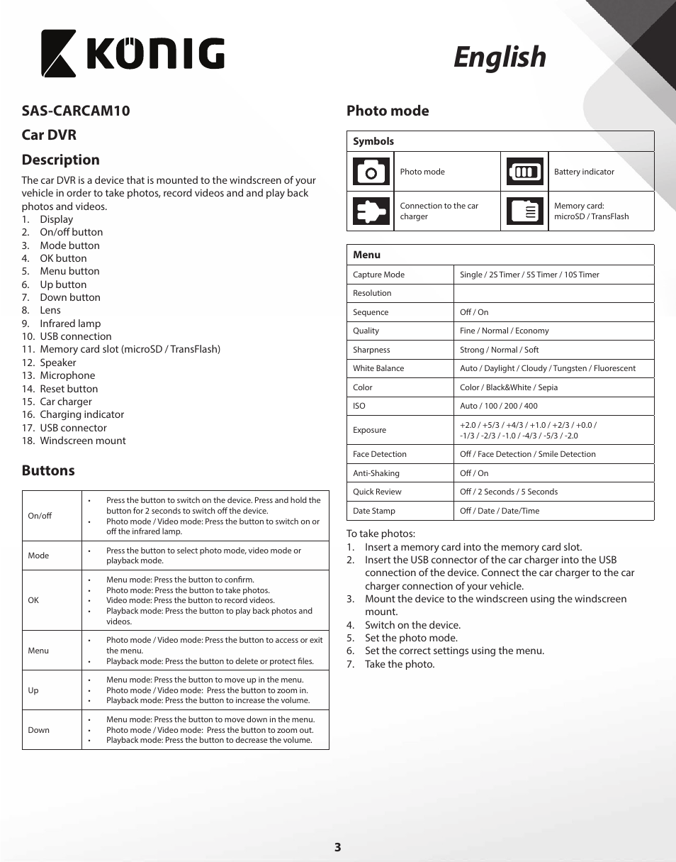 English, Sas-carcam10 car dvr description, Buttons | Photo mode | Konig Electronic Full HD car camera User Manual | Page 3 / 80