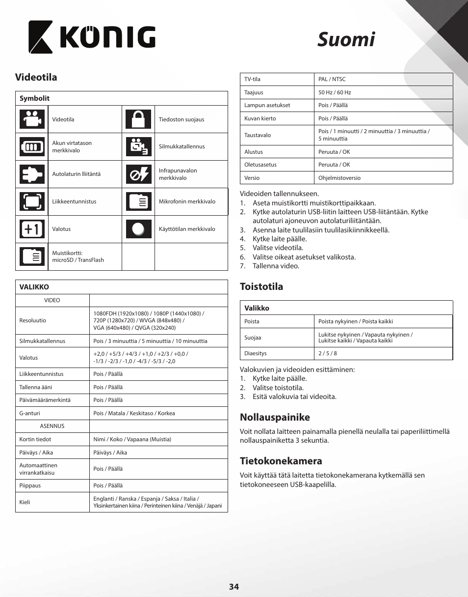 Suomi, Videotila, Toistotila | Nollauspainike, Tietokonekamera | Konig Electronic Full HD car camera User Manual | Page 34 / 80