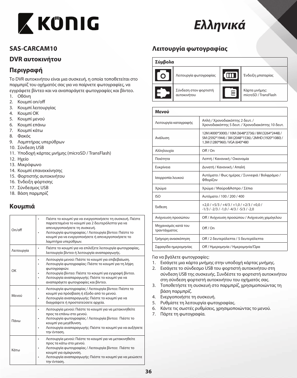 Ελληνικά, Sas-carcam10 dvr αυτοκινήτου περιγραφή, Κουμπιά | Λειτουργία φωτογραφίας | Konig Electronic Full HD car camera User Manual | Page 36 / 80